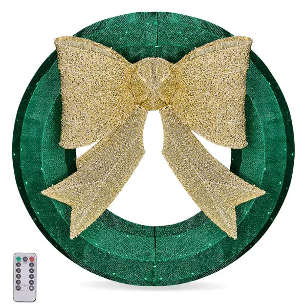 24in Pre-lit Outdoor Christmas Wreath Decoration, Lighted Metal Wreath With Golden Bow, Green And Warm White LED Lights, For Front Door Gate Wall Indoor Outdoor Holiday Party