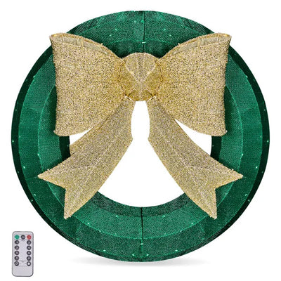 24in Pre-lit Outdoor Christmas Wreath Decoration, Lighted Metal Wreath With Golden Bow, Green And Warm White LED Lights, For Front Door Gate Wall Indoor Outdoor Holiday Party