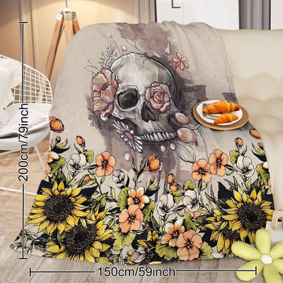 Rustic Skull Sunflower Flannel Fleece Blanket Floral Skull Flannel Soft Plush Throw Blanket Cozy Blankets For Bed Chair Car Sofa Couch Bedroom 75x100cm 130x150cm 150x200cm