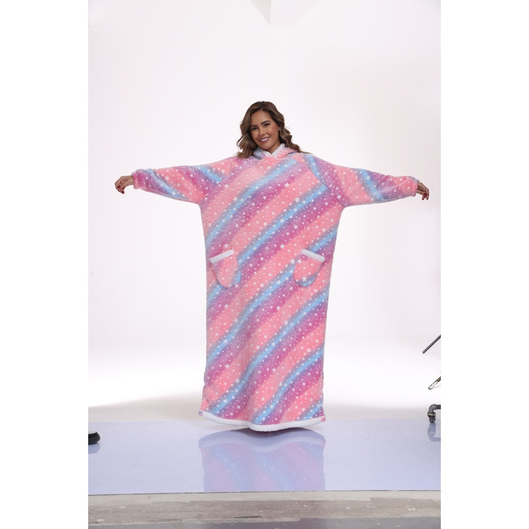 Oversized Wearable Hooded Blanket With Print Glow In The Dark Long Size-59in Sherpa Warm Sweatshirt For Women