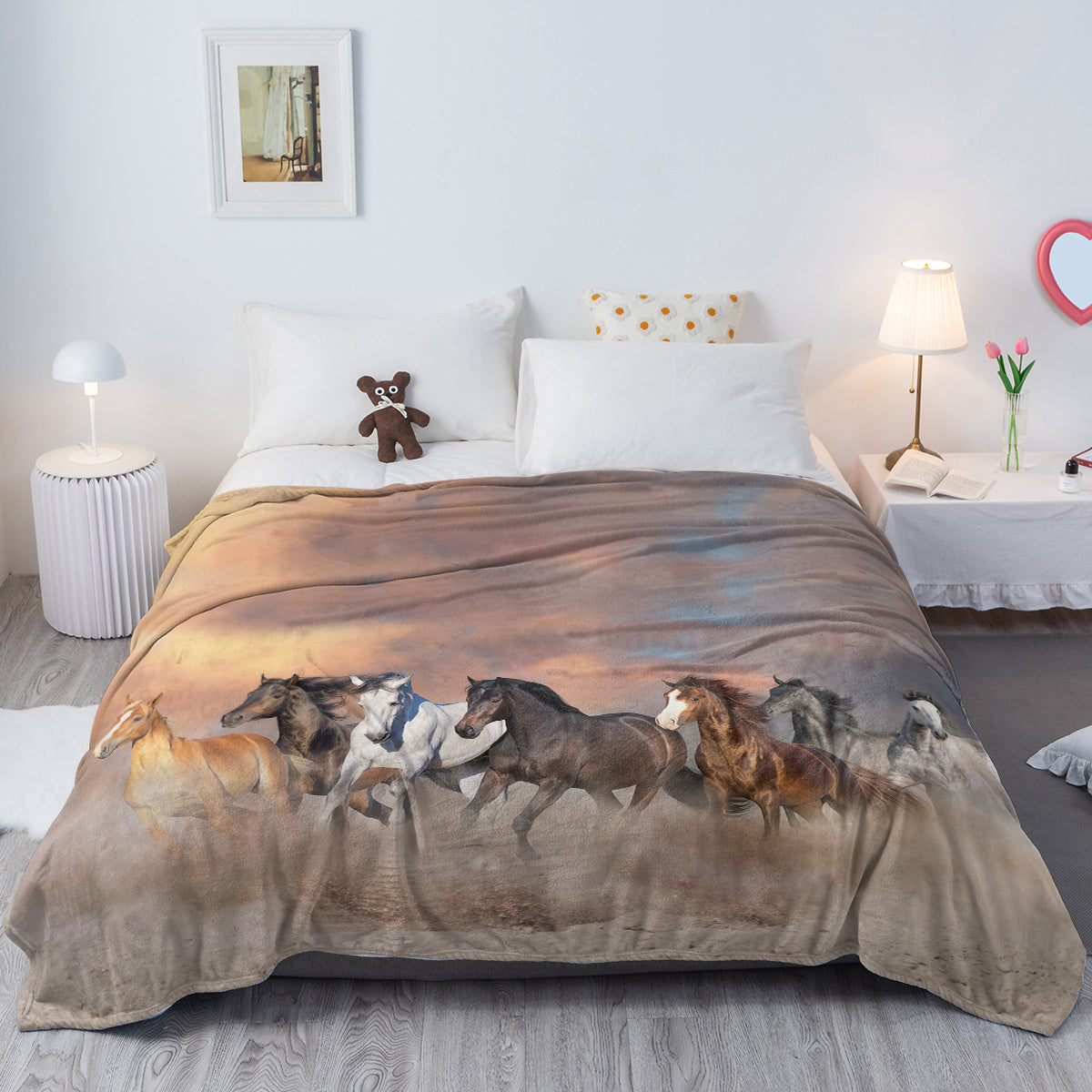 3D Horse Printed Flannel Throw Blanket For Girls Women Running Horse Throw Blanket Fleece Blankets With Horses On Them Flannel Blanket Cool Horse Soft Plush Blanket For Couch Bed 130X150cm 150X200cm