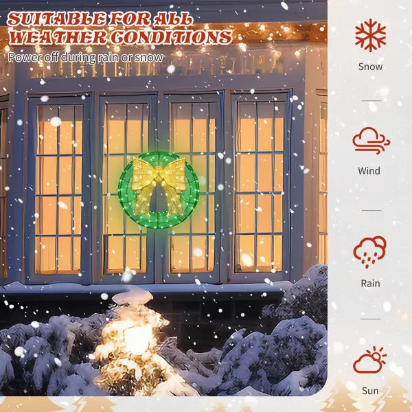 24in Pre-lit Outdoor Christmas Wreath Decoration, Lighted Metal Wreath With Golden Bow, Green And Warm White LED Lights, For Front Door Gate Wall Indoor Outdoor Holiday Party