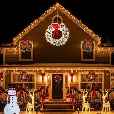 48in Pre-lit Snow Flocked Christmas Wreath, Lighted Artificial Xmas Wreath With 150 Warm White Lights And 450 PVC Tips And DIY Ornaments, For Front Door Gate Wall Xmas Party Decorations, Snowy Green