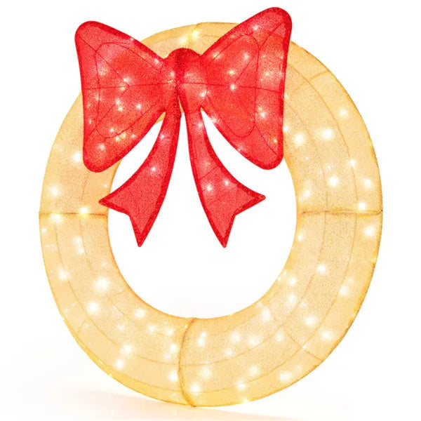 Pre-Lit Christmas Wreath - 200 LED Lights Warm White Red, Large Bow IP44 Weatherproof For Indoor Outdoor
