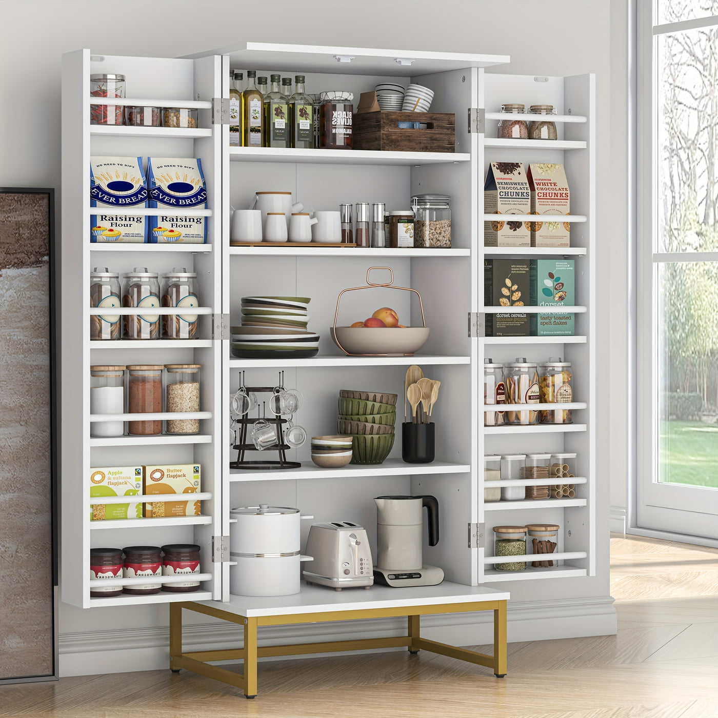 51" Modern Kitchen Pantry Cabinet with 6 Adjustable Shelves, Milti-function Storage Cabinet with Golden Metal Base, Versatile Large Buffet Cupboards Sideboard for Dining Room, Bathroom, Living Room, Laudry, White and Golden