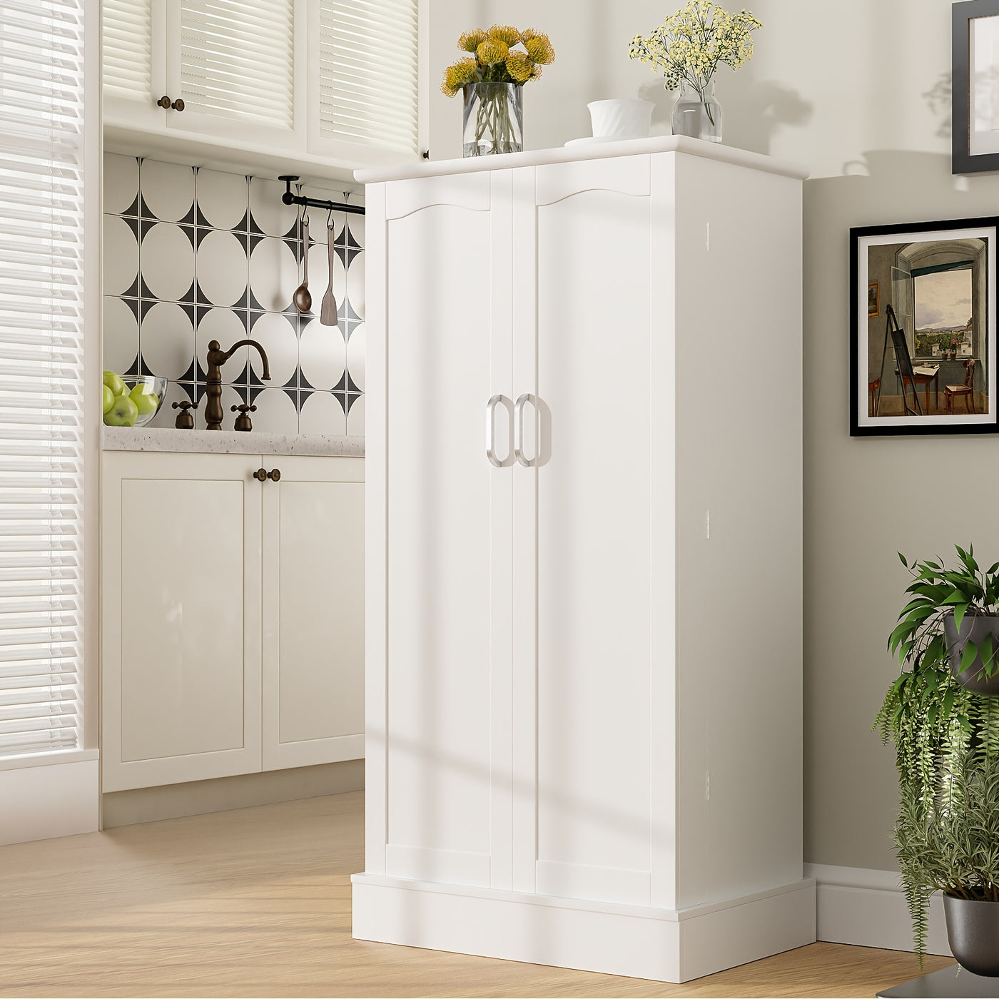 [47" Farmhouse Pantry] 47" White Freestanding Pantry Cabinet with Adjustable Shelves & Doors | Farmhouse Style Kitchen Storage Organizer, 10 Shelves, Durable Wood Construction, No Electricity Needed