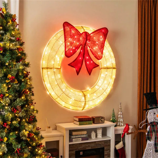 Pre-Lit Christmas Wreath - 200 LED Lights Warm White Red, Large Bow IP44 Weatherproof For Indoor Outdoor