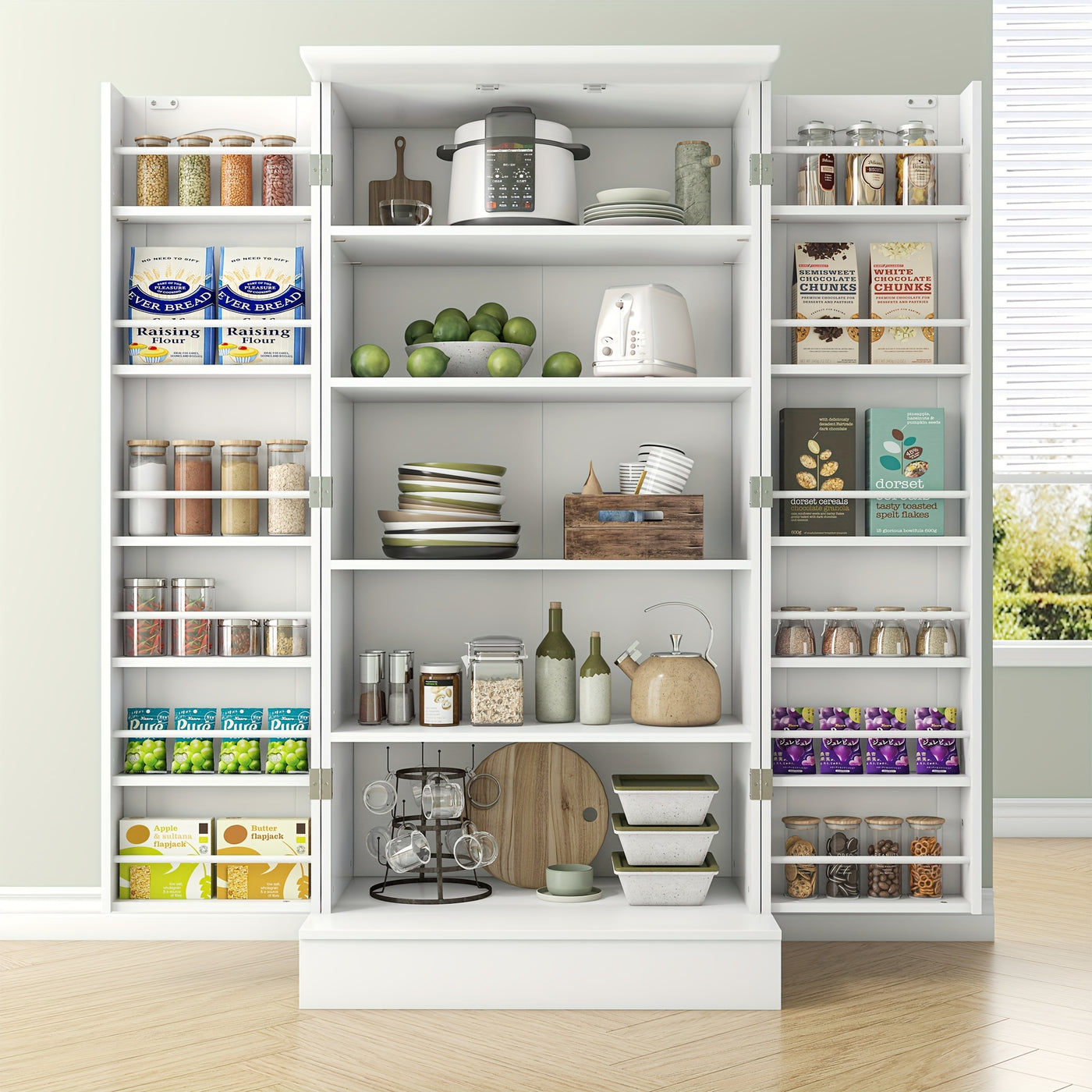 [47" Farmhouse Pantry] 47" White Freestanding Pantry Cabinet with Adjustable Shelves & Doors | Farmhouse Style Kitchen Storage Organizer, 10 Shelves, Durable Wood Construction, No Electricity Needed