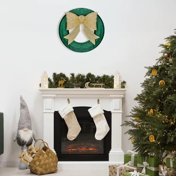 24in Pre-lit Outdoor Christmas Wreath Decoration, Lighted Metal Wreath With Golden Bow, Green And Warm White LED Lights, For Front Door Gate Wall Indoor Outdoor Holiday Party