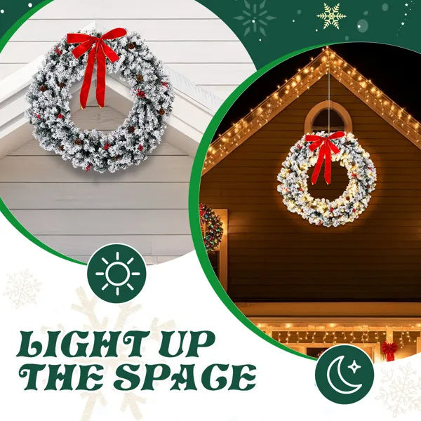 48in Pre-lit Snow Flocked Christmas Wreath, Lighted Artificial Xmas Wreath With 150 Warm White Lights And 450 PVC Tips And DIY Ornaments, For Front Door Gate Wall Xmas Party Decorations, Snowy Green