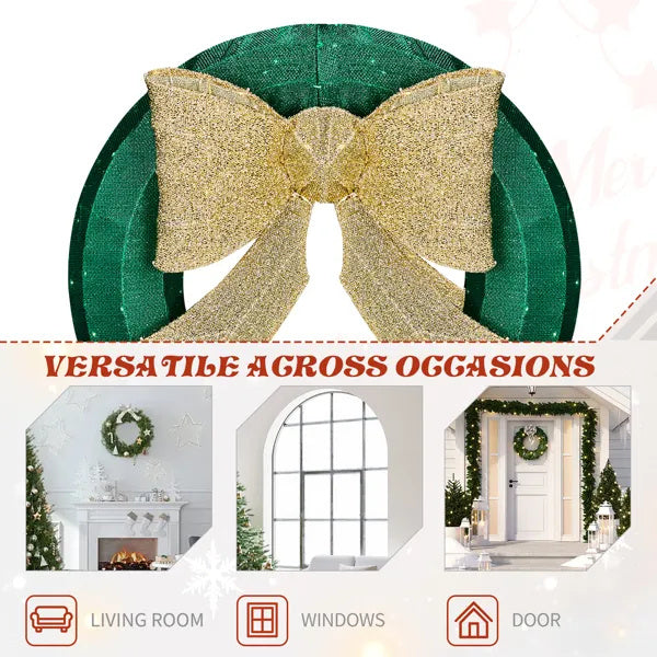 24in Pre-lit Outdoor Christmas Wreath Decoration, Lighted Metal Wreath With Golden Bow, Green And Warm White LED Lights, For Front Door Gate Wall Indoor Outdoor Holiday Party