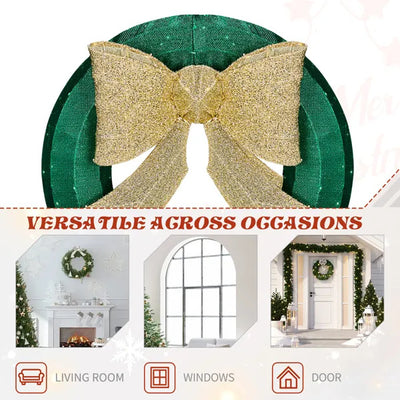 24in Pre-lit Outdoor Christmas Wreath Decoration, Lighted Metal Wreath With Golden Bow, Green And Warm White LED Lights, For Front Door Gate Wall Indoor Outdoor Holiday Party